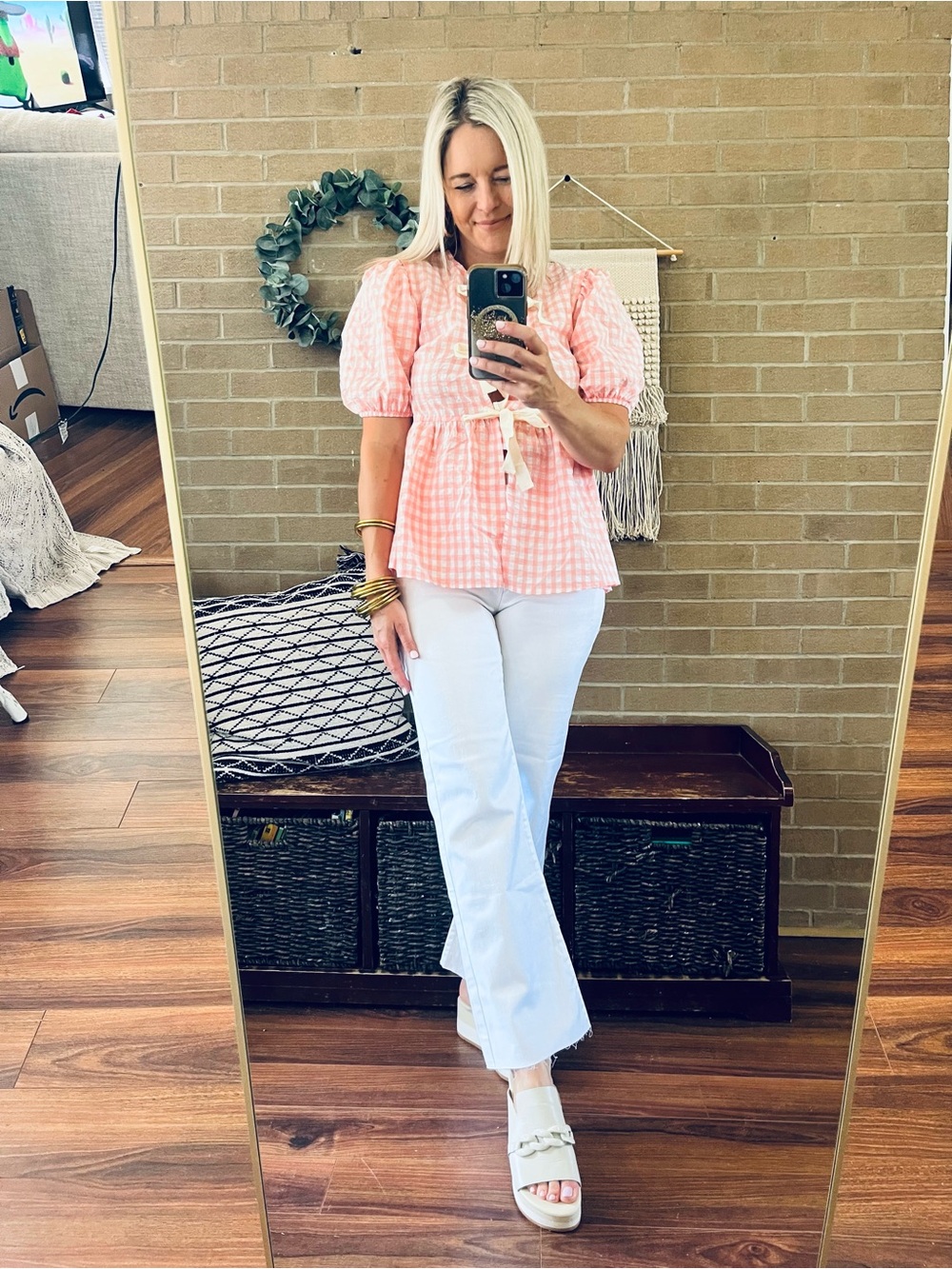 Pink Gingham Tie-Front Peplum Blouse
